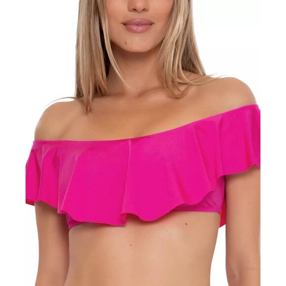 TRINA TURK Bikini Swim Top Off Shoulder Ruffle Orchid Pink Size 8 $84 EUC - Picture 1 of 9